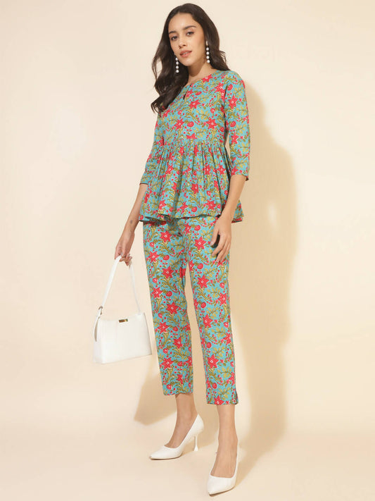 Janasya Women's Blue Cotton Printed Casual Peplum Co-ords - Swadesiicart