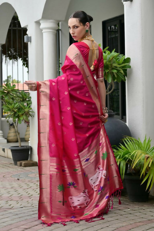 Vishnu Weaves Women's Pink Paithani Silk Zari Woven Saree with Blouse - Swadesiicart