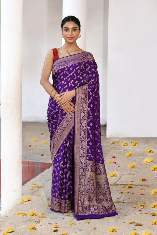 Joban Fashion Purple Crepe Chiffon Pure Handloom Banarasi Silk Saree | Swadesiicart