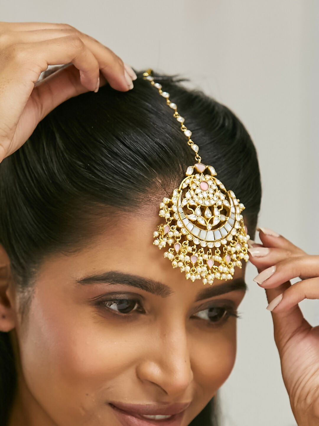 Nuyug 22K Gold-Plated Pearls & Pink Kundan Studded Statement Maang Tikka Head Jewellery | Swadesiicart