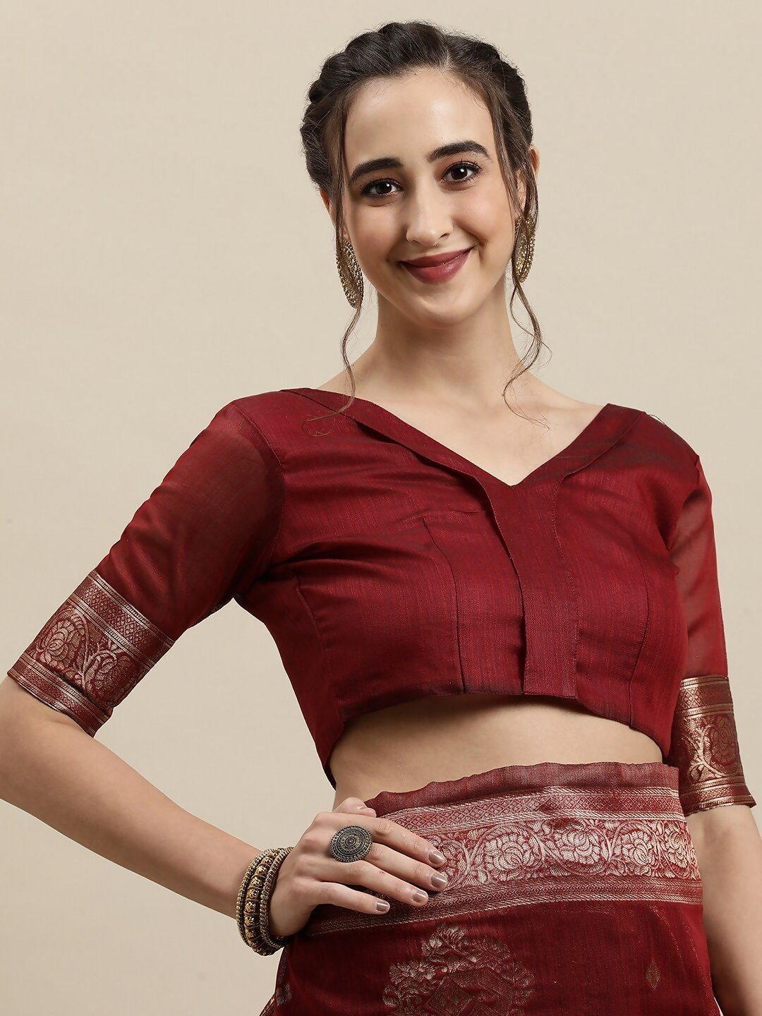 Saree Mall Maroon & Gold-Toned Ethnic Motifs Zari Silk Blend Banarasi Sarees | Swadesiicart