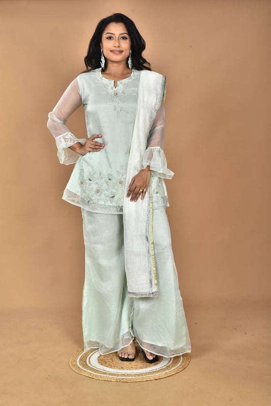 Morchari Women And Hand Embroidery Palazzo Set-Green - Swadesiicart