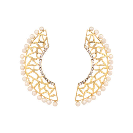 Nuyug 22K Gold-Plated Zircon Studded & Pearl Beaded Contemporary Shaped Statement Stud Earrings | Swadesiicart