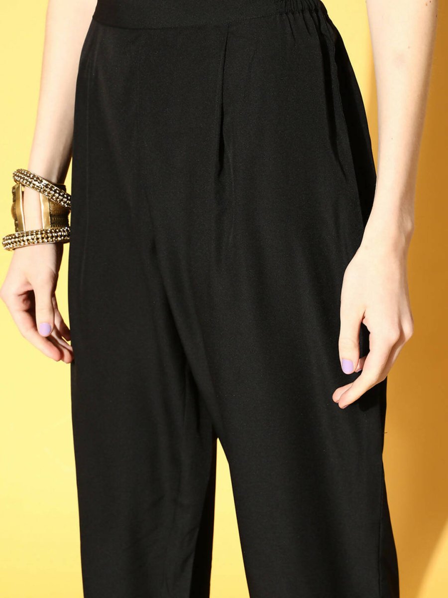 Ahalyaa Women Black Colour Georgette Gold Foil Printed Kurta Pant Set | Swadesiicart