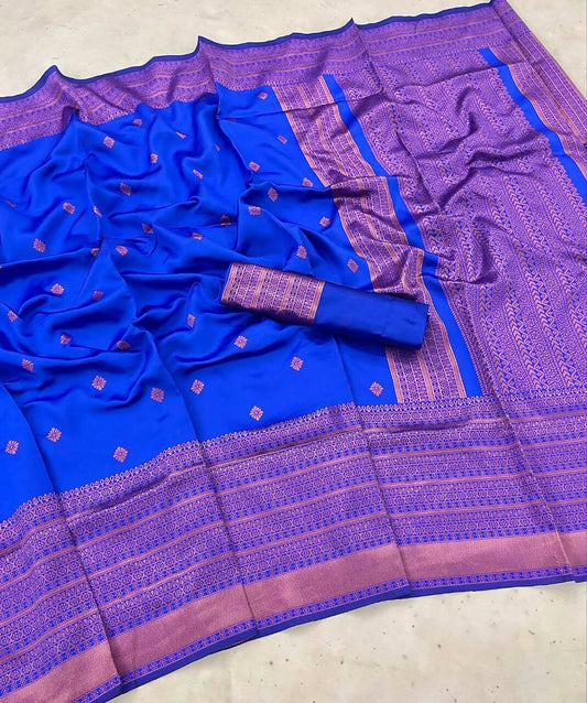 DEIANA'S Beautiful Designer Golden zari Soft Lichi Silk Saree - Royal Blue - Swadesiicart