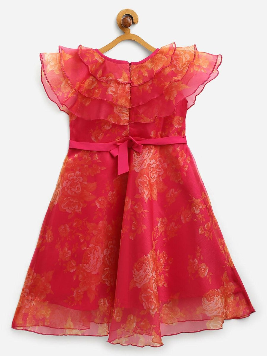 Ahalyaa Pink Organza Digital Print Kids Dress Kurta For Girls | Swadesiicart