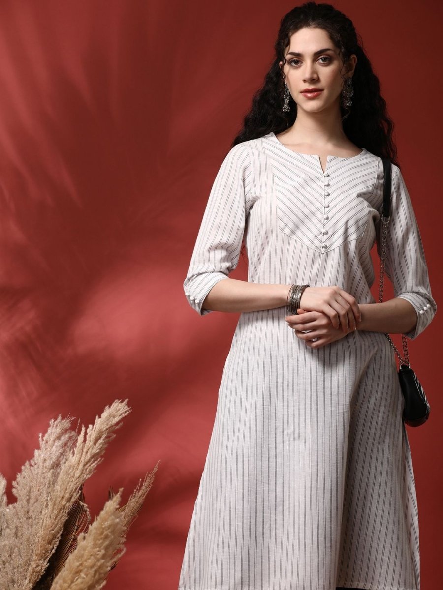 Anouk Striped Notch Neck Pure Cotton Straight Kurta - Swadesiicart