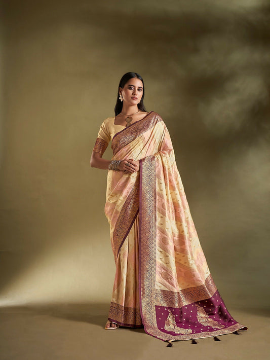 Joban Fashion Cream & Light Pink Plain With Weaving Border Banarasi Silk Sarees | Swadesiicart