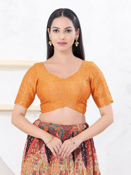 Joban Fashion Orange Tissue Elbow Sleeveless Back Open Blouse - Swadesiicart