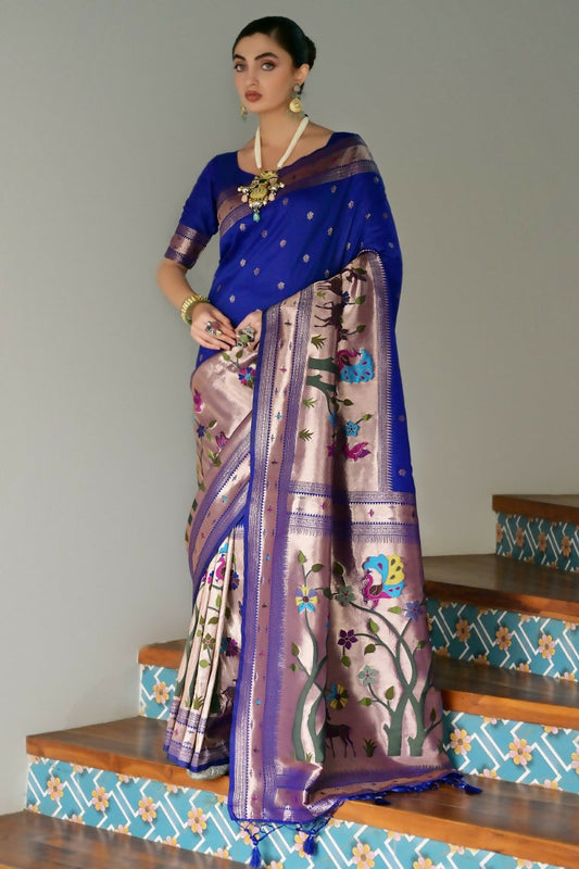 Vishnu Weaves Women's Royal Paithani Silk Zari Woven Saree with Blouse - Swadesiicart