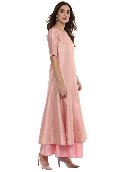 Ahalyaa Women's Pink Poly Silk Gold Foil Print Kurta | Swadesiicart