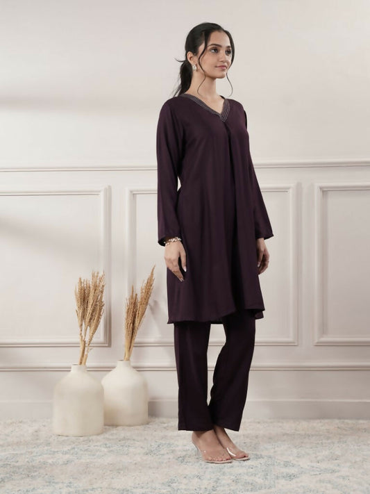 Joban Fashion Women's Rayon Wine V-Neck Co-Ord Set With Pant - Swadesiicart
