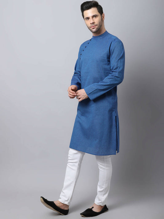 Even Apparels Blue Pure Cotton Men's Kurta With Side Placket | Swadesiicart