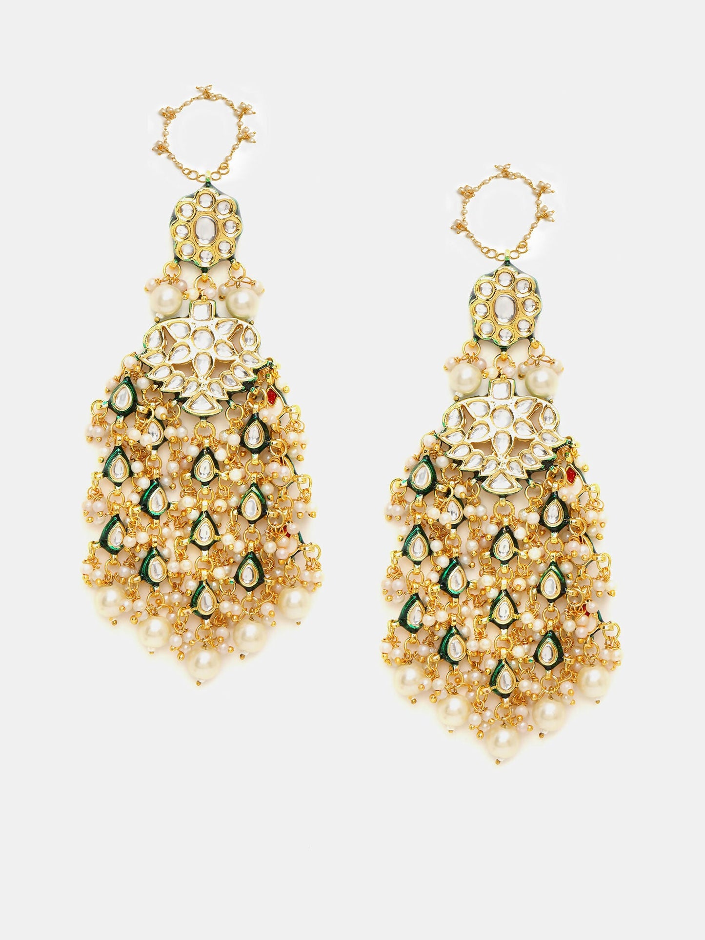 Ruby Raang 22k Gold Polished Kundan Chand Earrings With Ear Chains | Swadesiicart