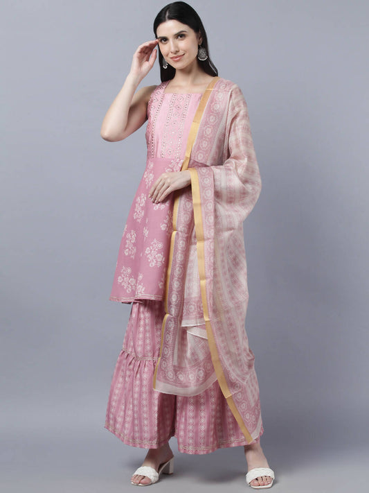 Myshka Women Peach-Coloured White Floral Printed Kurta with Sharara With Dupatta Set | Swadesiicart