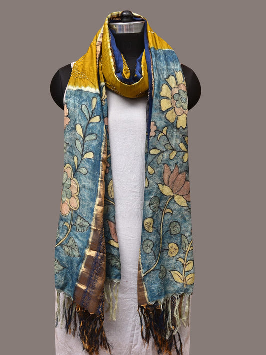 Olive and Blue Bandhani Kanchipuram Silk Handloom Dupatta with Kalamkari Design - Global Threads | Swadesiicart