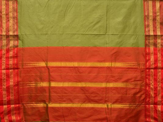 Olive and Red Narayanpet Silk Handloom Plain Saree with Traditional Border Design No Blouse - Global Threads | Swadesiicart