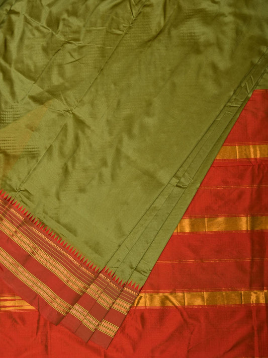 Olive and Red Narayanpet Silk Handloom Plain Saree with Traditional Border Design No Blouse - Global Threads | Swadesiicart