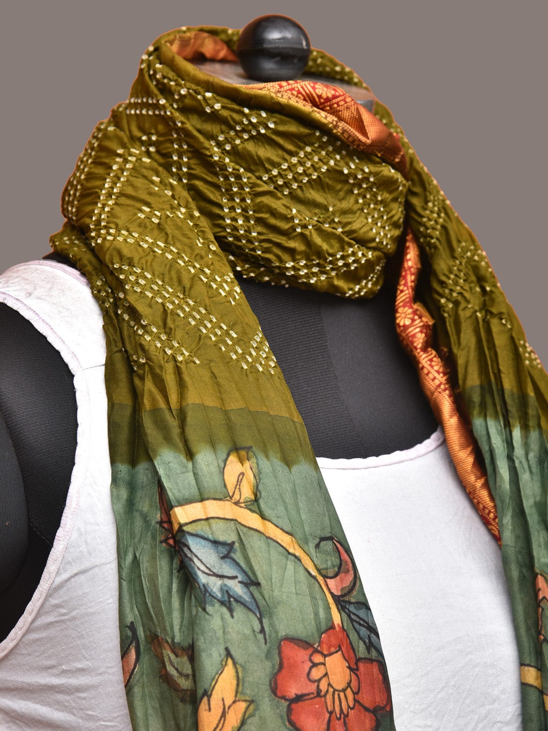 Olive and Sea Green Bandhani Kanchipuram Silk Handloom Dupatta with Kalamkari Floral Work Design - Global Threads | Swadesiicart