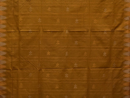 Olive Khadi Cotton Handloom Saree with Temple Border Design - Global Threads | Swadesiicart