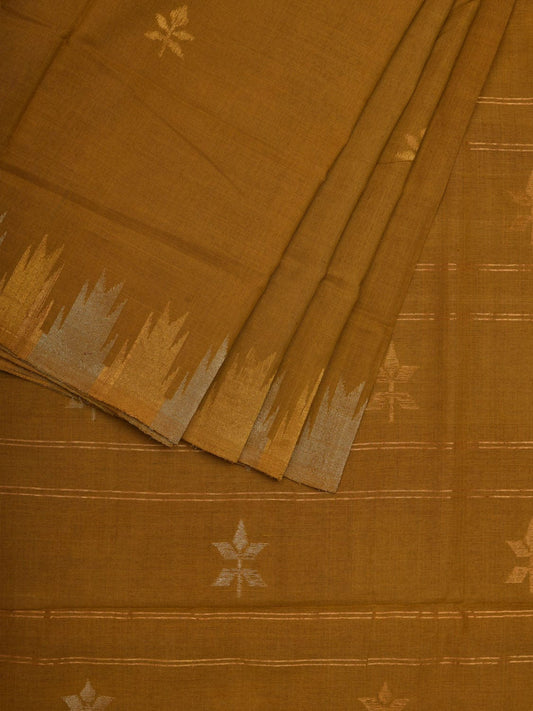 Olive Khadi Cotton Handloom Saree with Temple Border Design - Global Threads | Swadesiicart