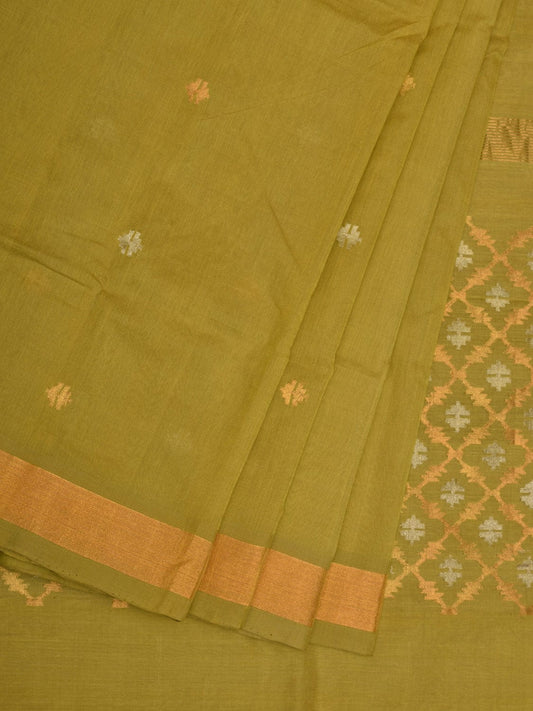 Olive Uppada Cotton Handloom Saree with Jamdani Pallu Design - Global Threads | Swadesiicart