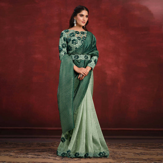 Sea Green Banarasi Crush Silk Sequence Thread & Stone Work/ Texture Pallu Saree - Mohmanthan Kimiya | Swadesiicart