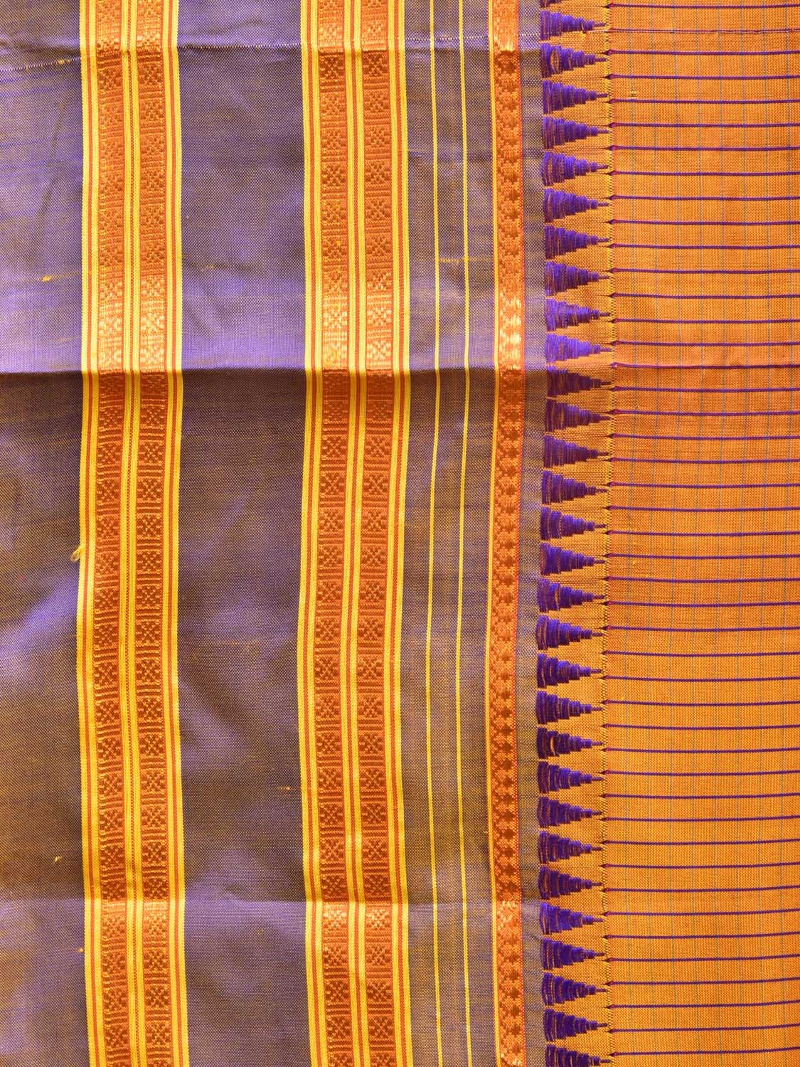 Orange and Blue Narayanpet Silk Handloom Saree with Checks Design No Blouse - Global Threads | Swadesiicart
