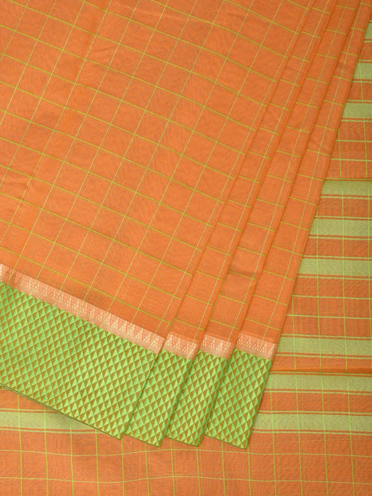 Orange and Light Green Bamboo Cotton Saree with Big Checks Design No Blouse - Global Threads | Swadesiicart