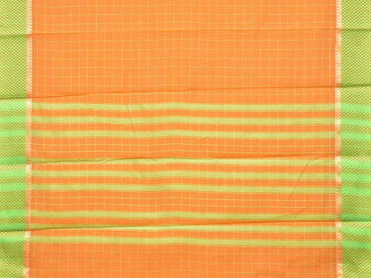 Orange and Light Green Bamboo Cotton Saree with Big Checks Design No Blouse - Global Threads | Swadesiicart