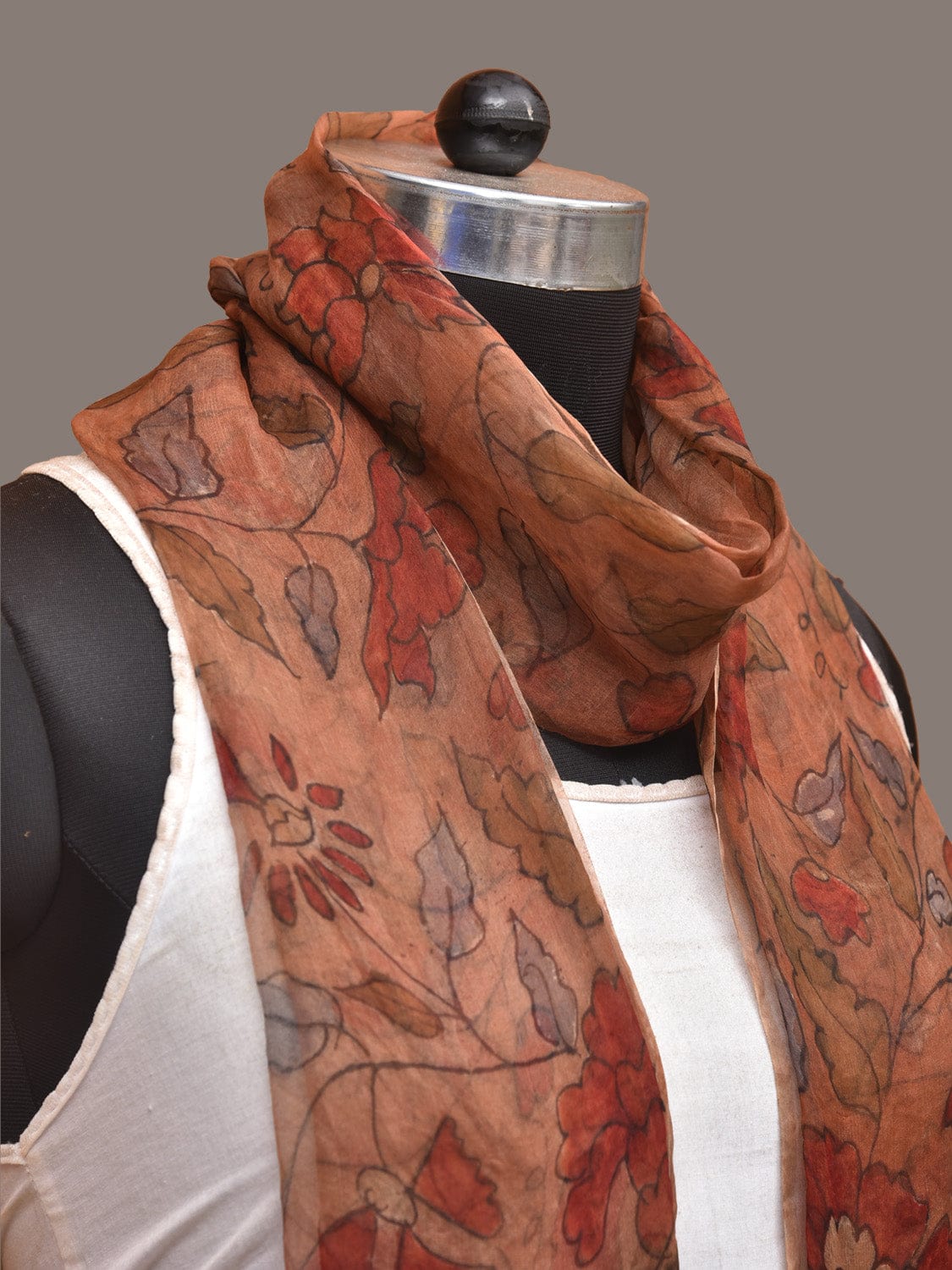Orange Kalamkari Hand Painted Organza Stole with Floral Design - Global Threads | Swadesiicart
