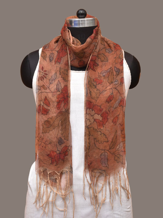 Orange Kalamkari Hand Painted Organza Stole with Floral Design - Global Threads | Swadesiicart