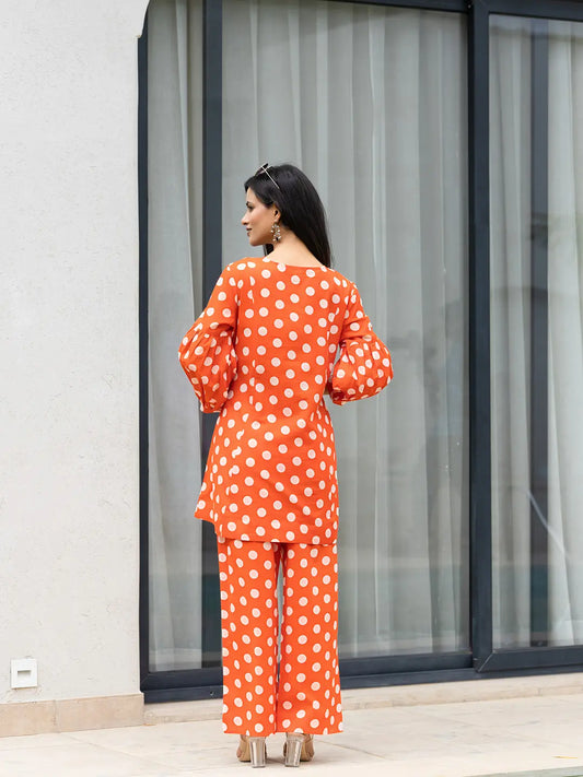 Yufta Orange Polka Dot Print Top And Trouser Co Ord Set - Swadesiicart