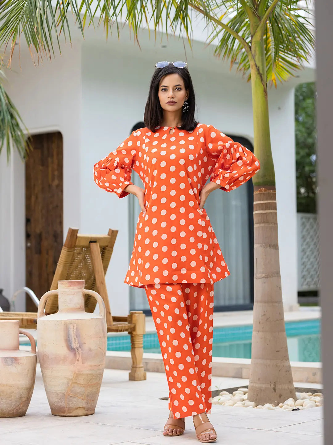 Yufta Orange Polka Dot Print Top And Trouser Co Ord Set - Swadesiicart