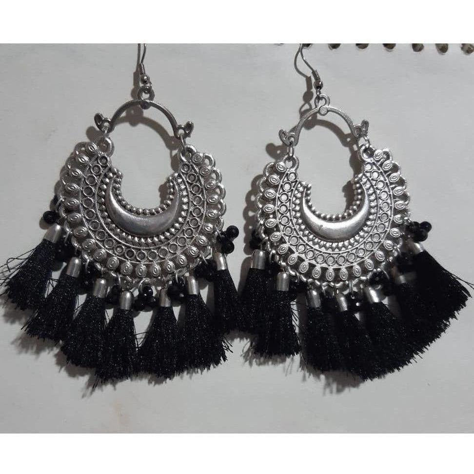 MS Fashion India Oxidized Silver Afghani Black Color Silk Thread Chandbali Earrings With Tassels | Swadesiicart