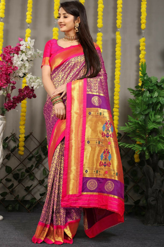 Jyoti Fashion Women's Purple Banarasi Silk Zari Woven Saree with Blouse | Swadesiicart