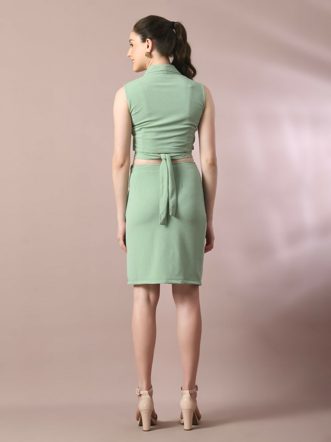 Myshka Women's Sea Green Solid Shawl Neck Party Top With Skirt Co-ord set - Swadesiicart