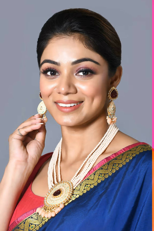 Joban Fashion Women Golden Ruby Peach Pendant Set With Earrings - Swadesiicart