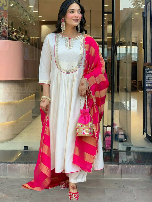 The52 White Women's Gorgeous Embroidered Work Chanderi Fabric Flared Kurta Pant and Dupatta Set - Swadesiicart
