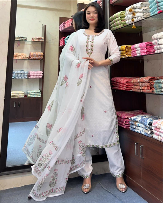 The52 White Women's Gorgeous Georgette Butti Fabric Embroidered Work Straight Kurta Pant and Dupatta Set - Swadesiicart