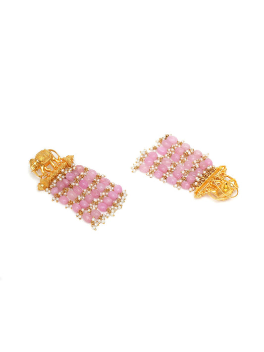 Long Layered Earrings with Elephant Motifs (Pink) - Ruby Raang - Swadesiicart