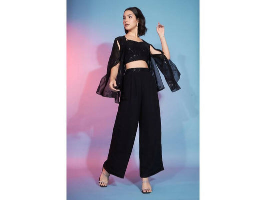 Black Georgette Sequence With Thread Designer Co-Ord Set - Flory - Swadesiicart