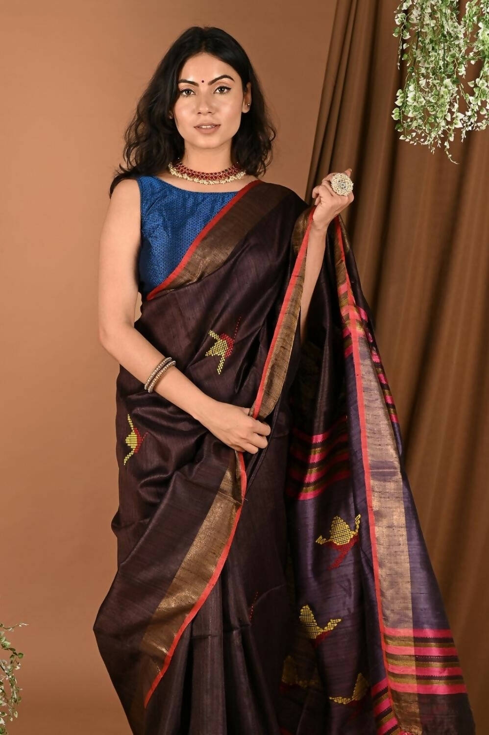 Very Much Indian Handloom Pure Dupion Silk Saree With Sleek Golden Border - Brown | Swadesiicart