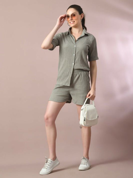 Myshka Women's Grey Solid Shirt Collar Party Shirt With Shorts Co-ord set - Swadesiicart