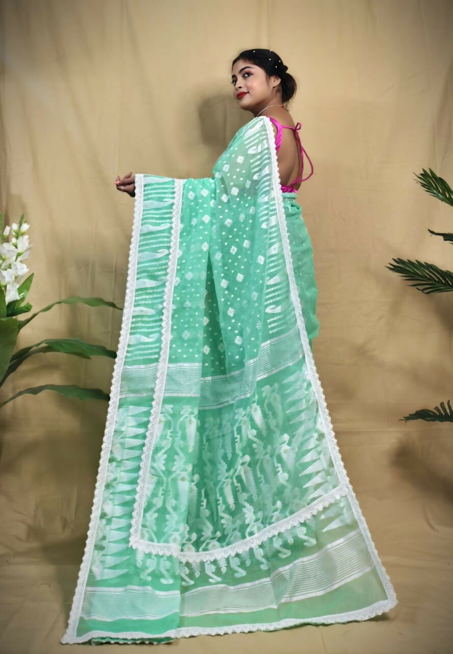 Exclusive Collection Beautiful Turquoise Jaal Jamdani Saree - Swadesiicart