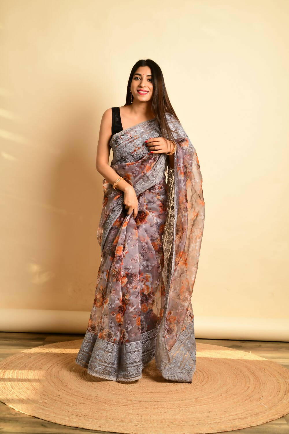 Vamsee Grey Organza Saree - Swadesiicart