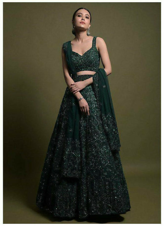 Jyoti Fashion Women's Dark Green Net Sequins with Dori & Thread Embroidered Designer Lehenga Choli Set | Swadesiicart
