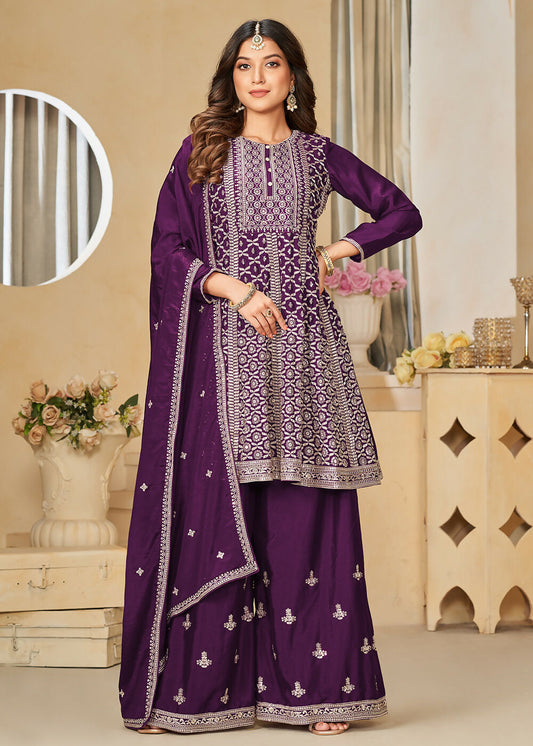 Chinnon Purple Embroidered Palazzo Salwar Suit - Emponline | Swadesiicart