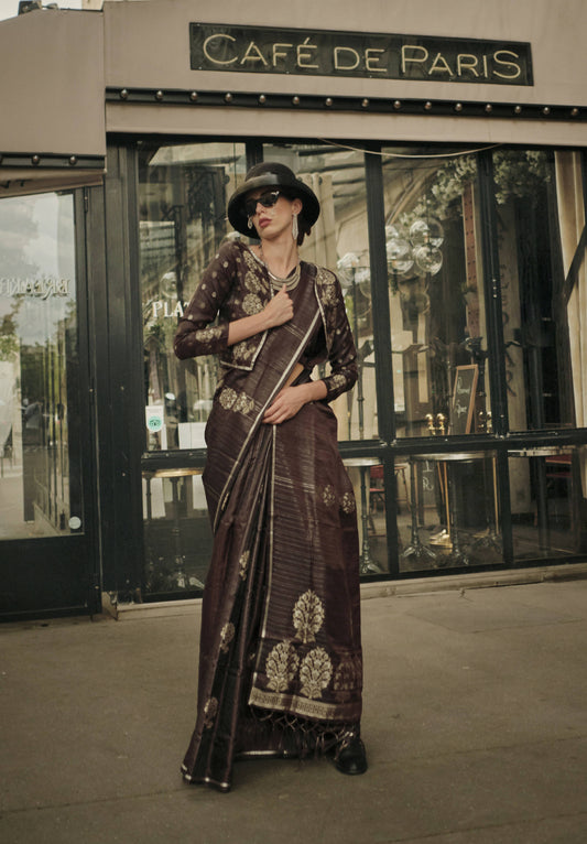 Walnut Brown Weavead Thread & Zari Work, Handloom Weaving Banarasi Satin Silk Saree - Rajtex Kronicle Silk - Swadesiicart