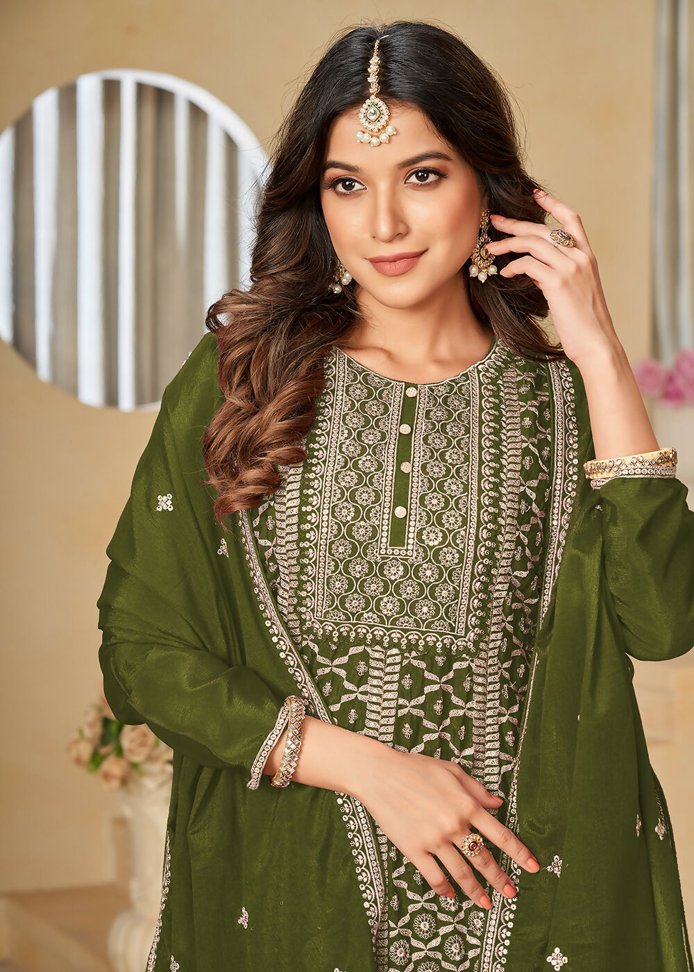 Chinnon Olive Green Embroidered Palazzo Salwar Suit - Emponline | Swadesiicart